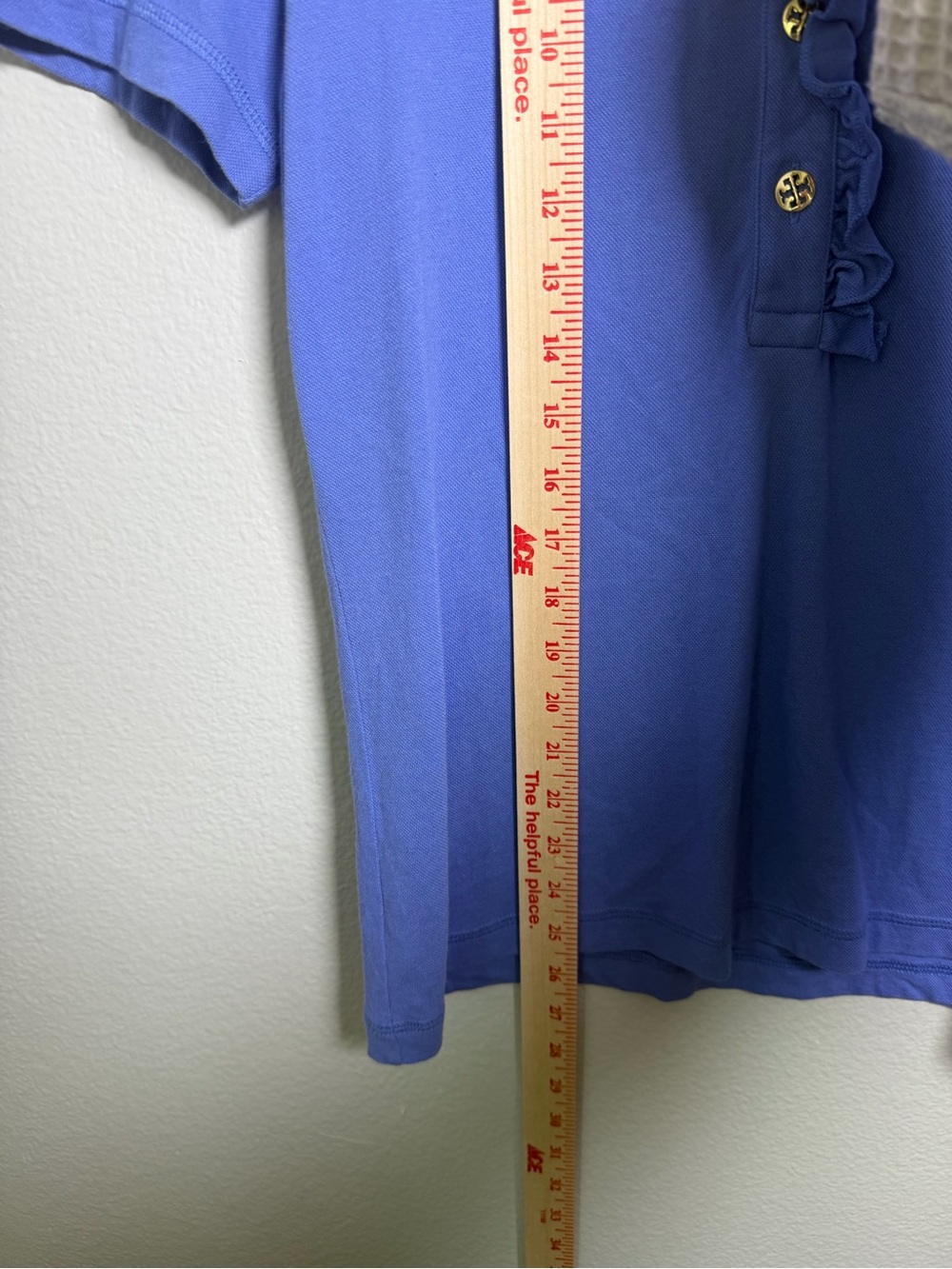 Tory Burch Lydia Ruffle-Placket Short Sleeve Women's Polo Blouse - Indigo Size L - Picture 8 of 9